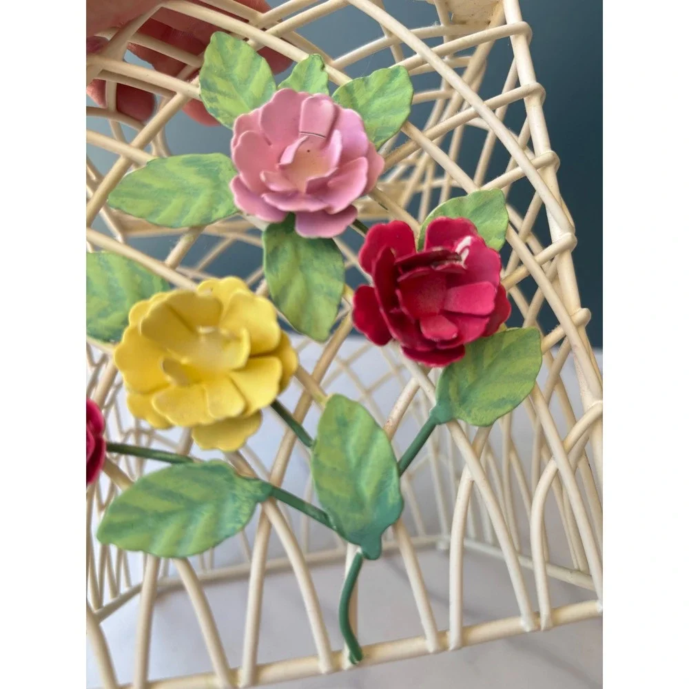 Vintage Metal Tole Wire Floral Tissue Box Cover Cream Lattice Cottagecore Decor